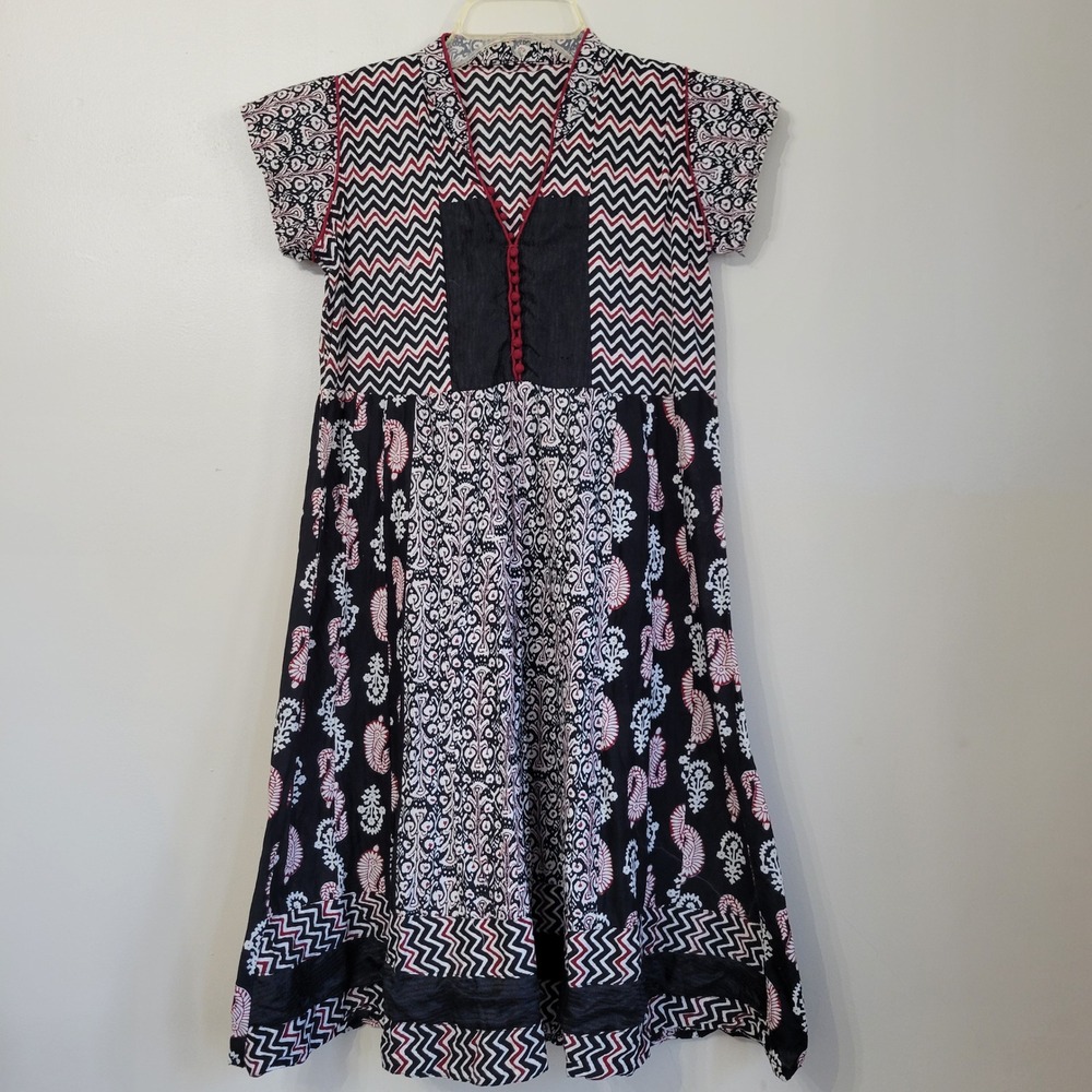 Mixed‎ Print Chevron Paisley Cap Sleeve Fit & Flare Dress Black White Red 38" L
